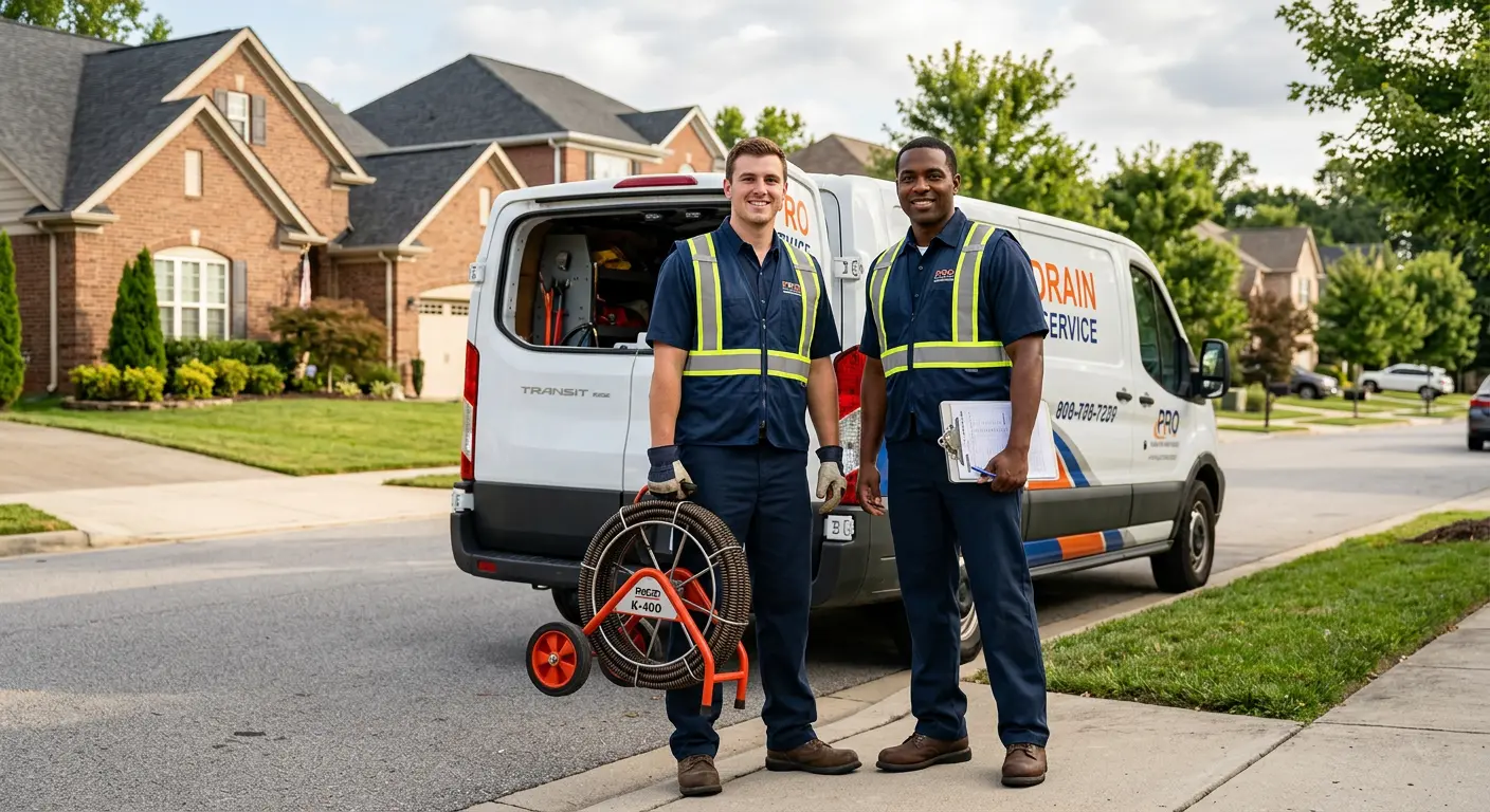 Sewer and drain service team with equipment ready for work in Prairie Grove