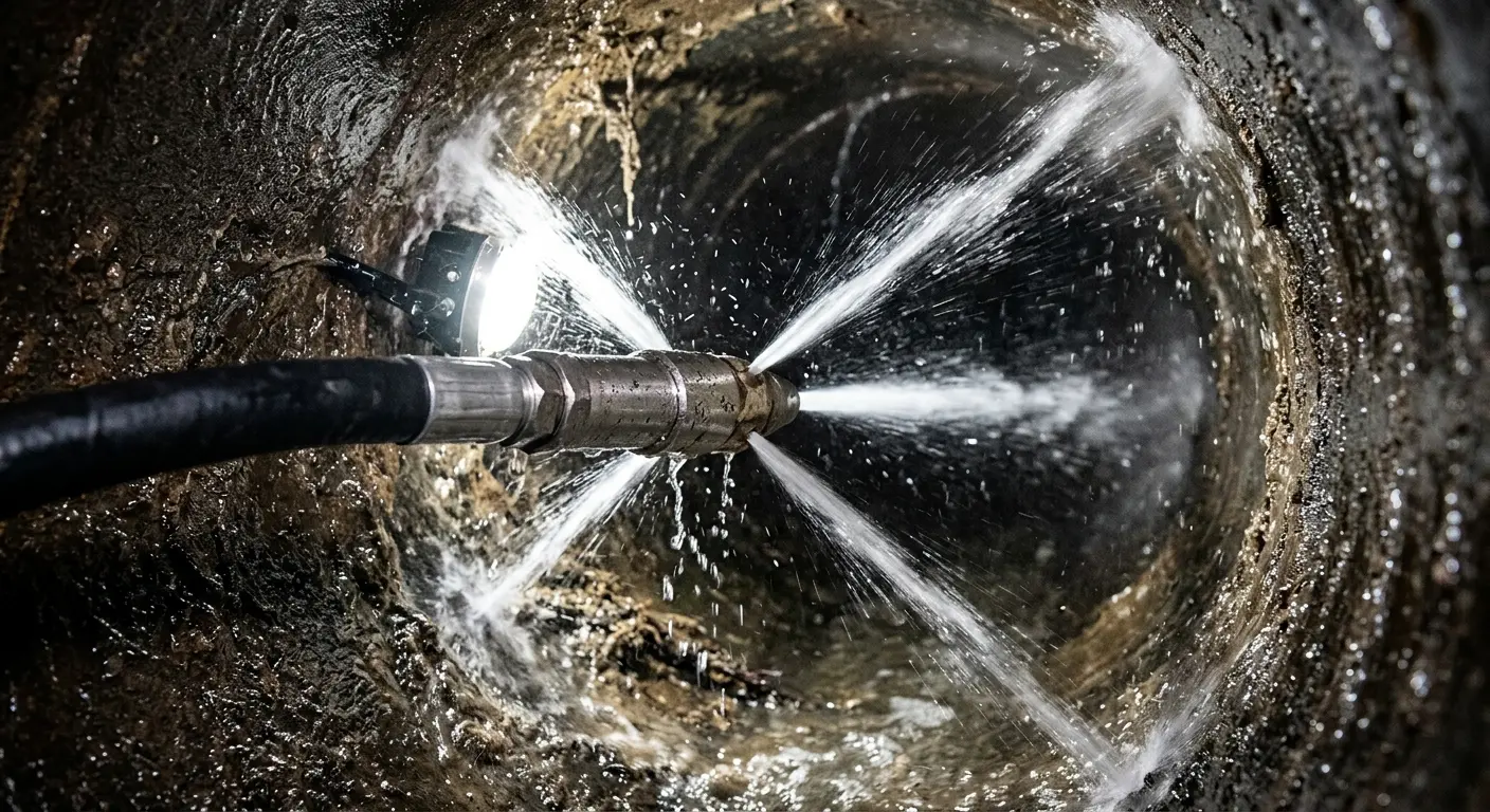 High-pressure hydro jetting nozzle cleaning sewer pipe for Storm Drain Cleaning in Prairie Grove