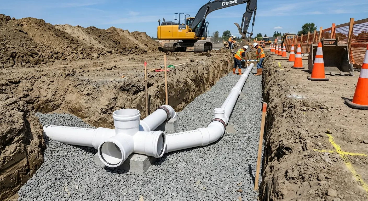 New PVC sewer pipe installation in open trench for Commercial Drain Cleaning in Prairie Grove