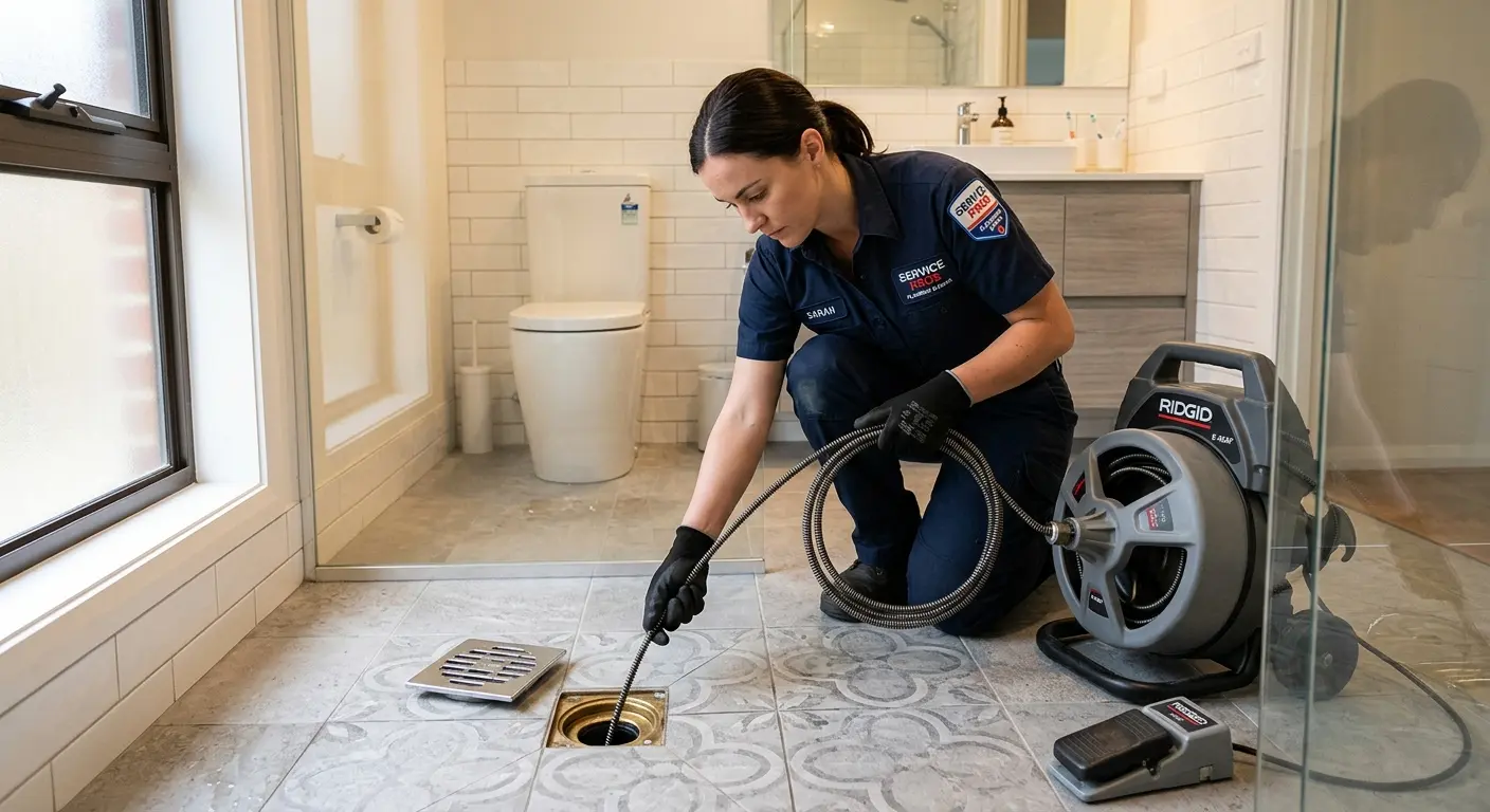 Technician clearing a bathroom floor drain for Clogged Drain Repair in Prairie Grove